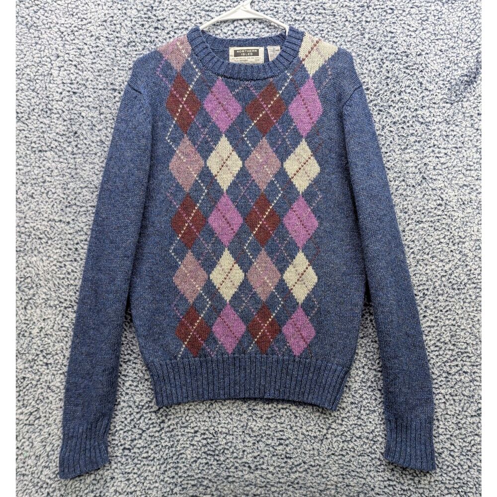 VTG Northern Isles Wool Sweater Mens M Grunge Nerd Geek Cobain Argyle Knit Blue